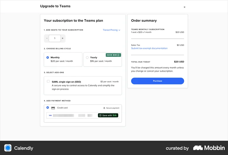 Calendly upgrade modal with seat stepper, billing toggle and total due today