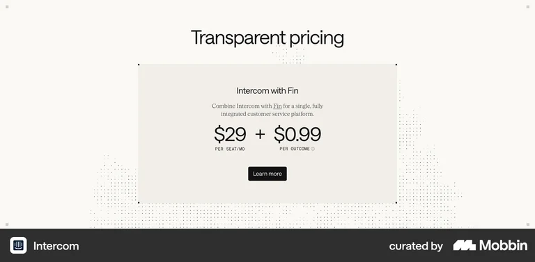 Intercom Fin pricing showing $29 plus $0.99 with separate unit labels