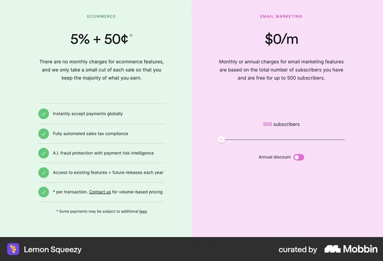 Lemon Squeezy pricing showing 5% plus 50 cents with a reassuring explainer