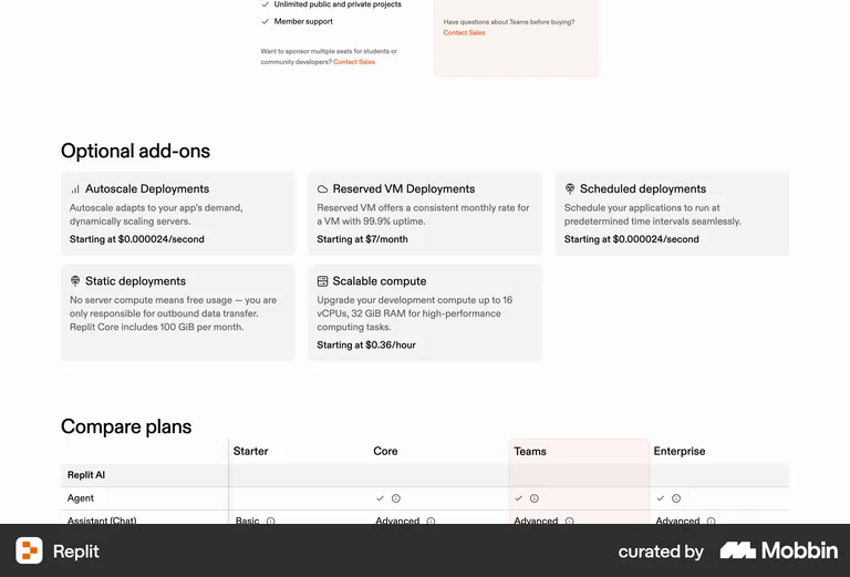 Replit quiet grey add-ons grid under the plans