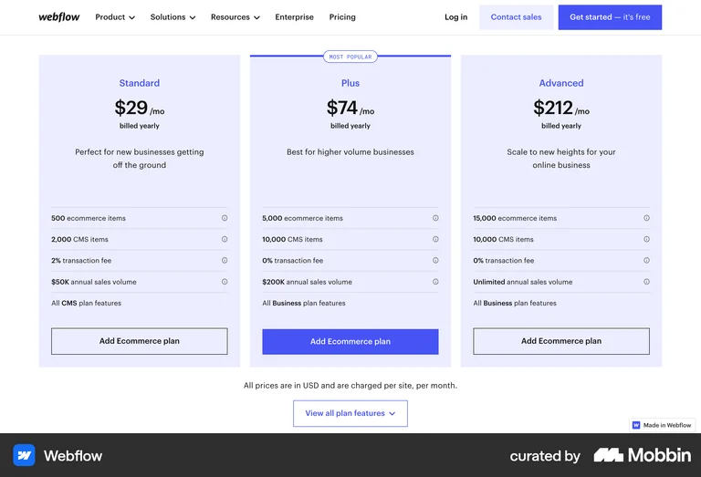 Webflow Optional add-ons header over three cards with starting-at prices